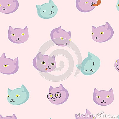 Seamless Pattern with different cats heads isolated on pink background. Vector Illustration